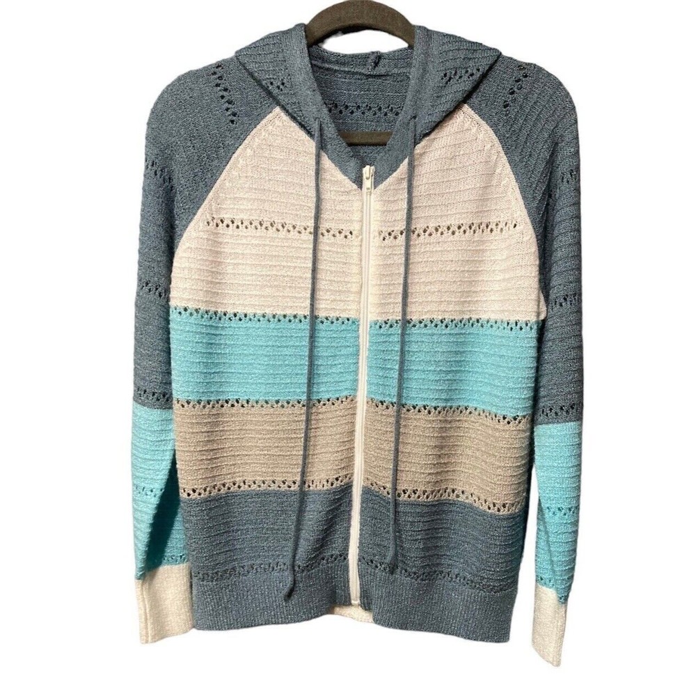 Womens Blue/Grey/White Striped Knit Sweater Full Zip‎ Hoodie Size S